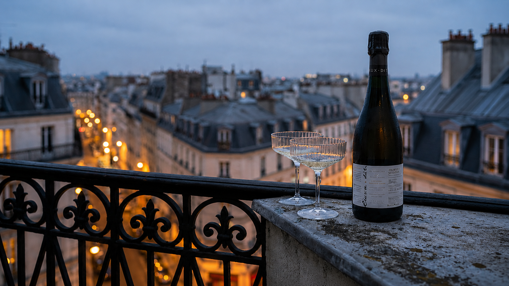 Champagne on a Parisian balcony at dusk