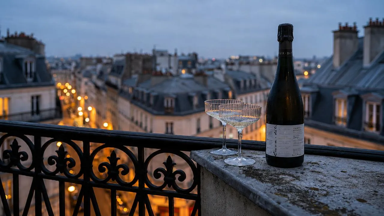 Champagne on a Parisian balcony at dusk