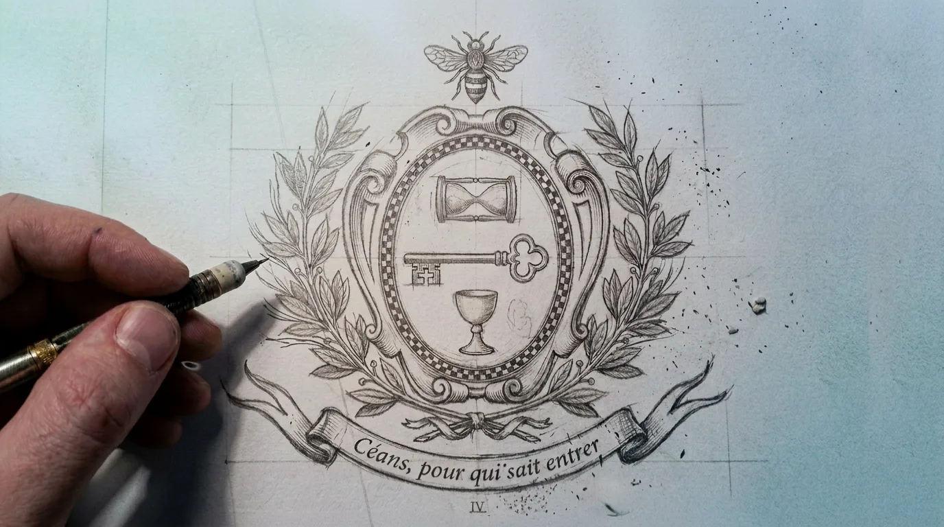 A heraldic artist drawing the coat of arms of the Tradition edition