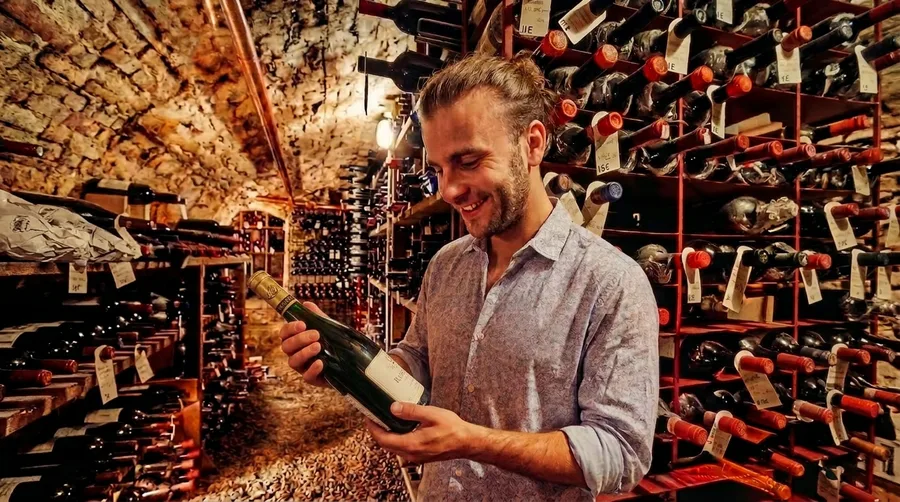 Charles, sommelier of Maison IV, choosing a bottle in his cellar